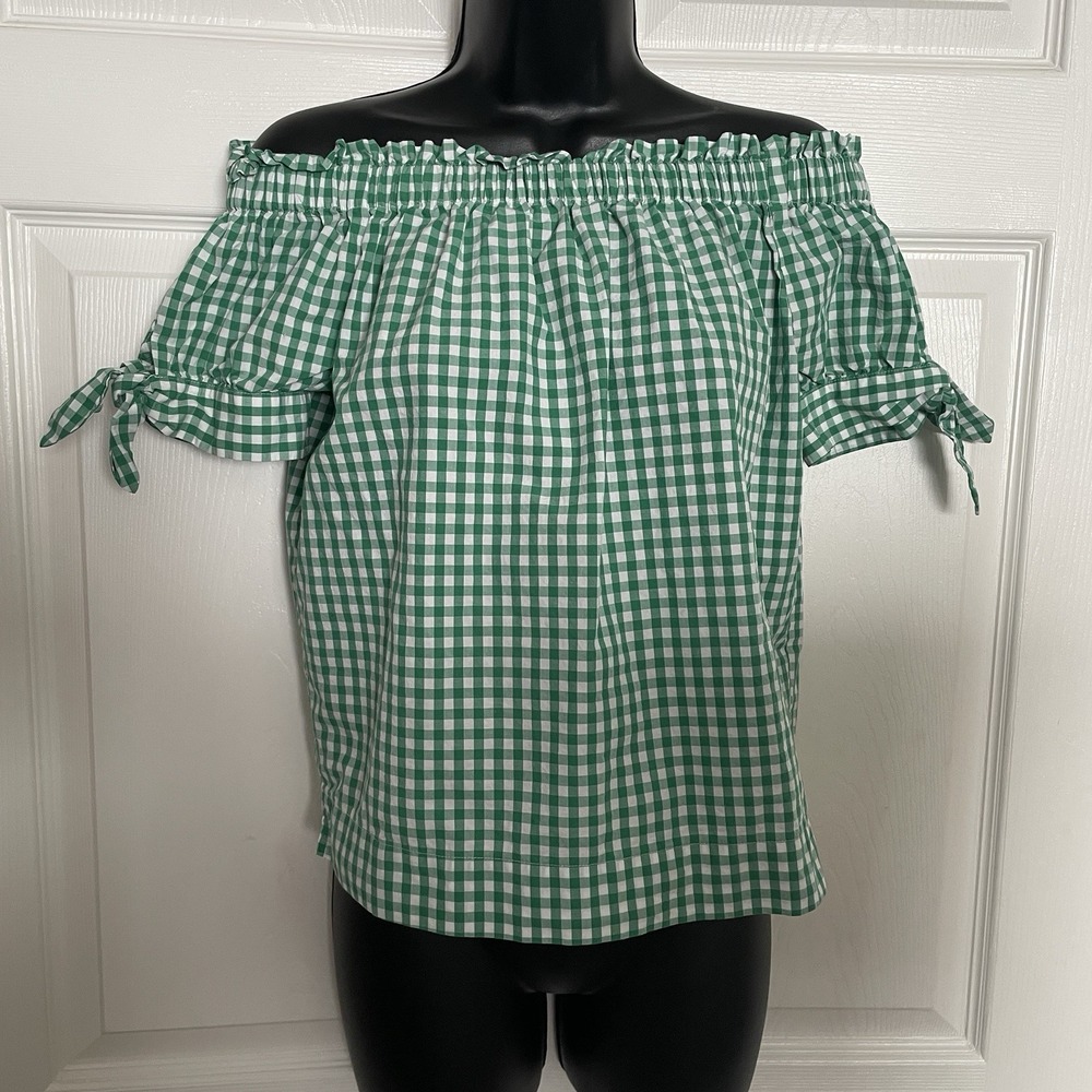 J Crew Off The Shoulder Gingham Shirt Women 0 Green White Check Cottagecore Top
